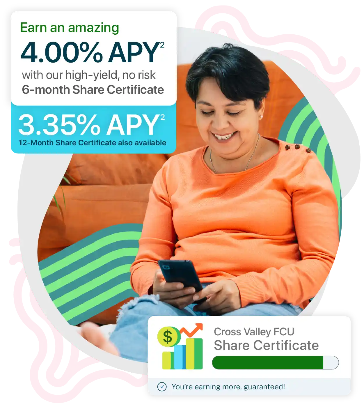Earn an amazing 4.00% APY with our 6-month Share Certificate. For those wanting a longer rate guarantee: 3.85% APY (12-Month Share Certificate). [mobile]